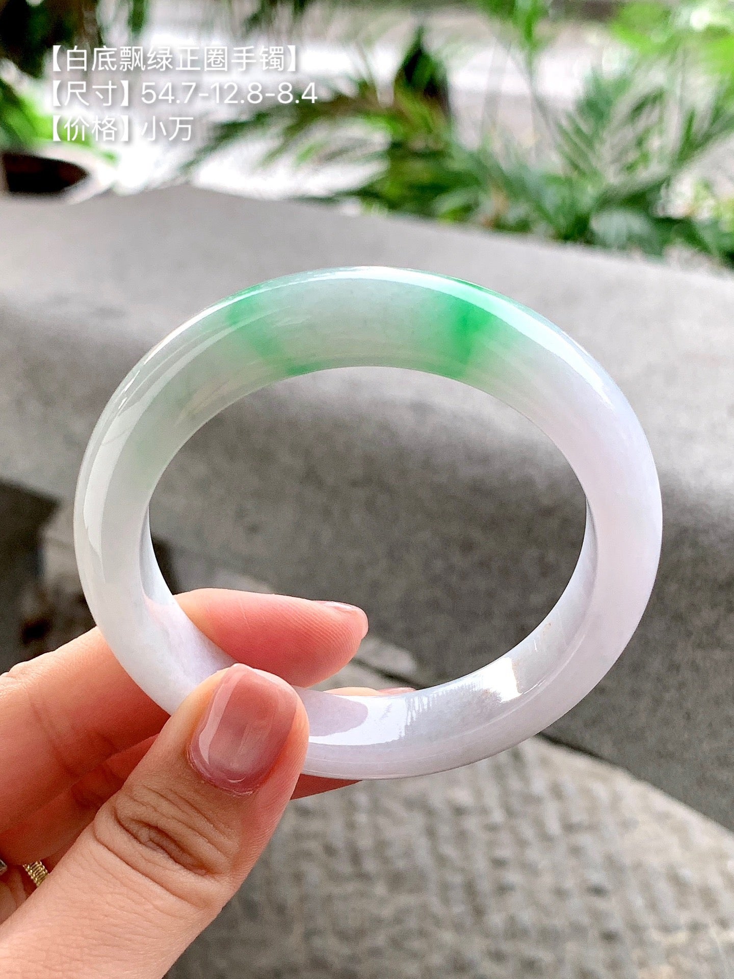 Yuanjiu Jewelry – Natural Jadeite Bracelet, White Base with Vibrant Green Floats (White Base Green), Elegant and Graceful