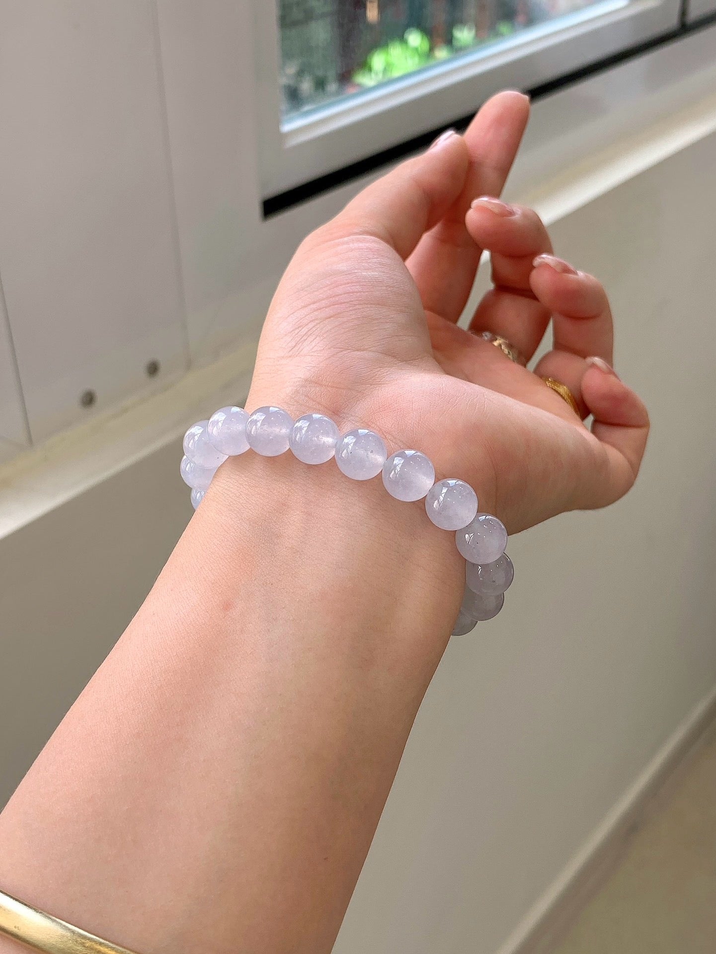 Yuanjiu Jewelry - Natural White Ice Jadeite Bead Bracelet, Adorned with 18K Gold Inlaid Gourd Charm, Minimalist and Exquisite