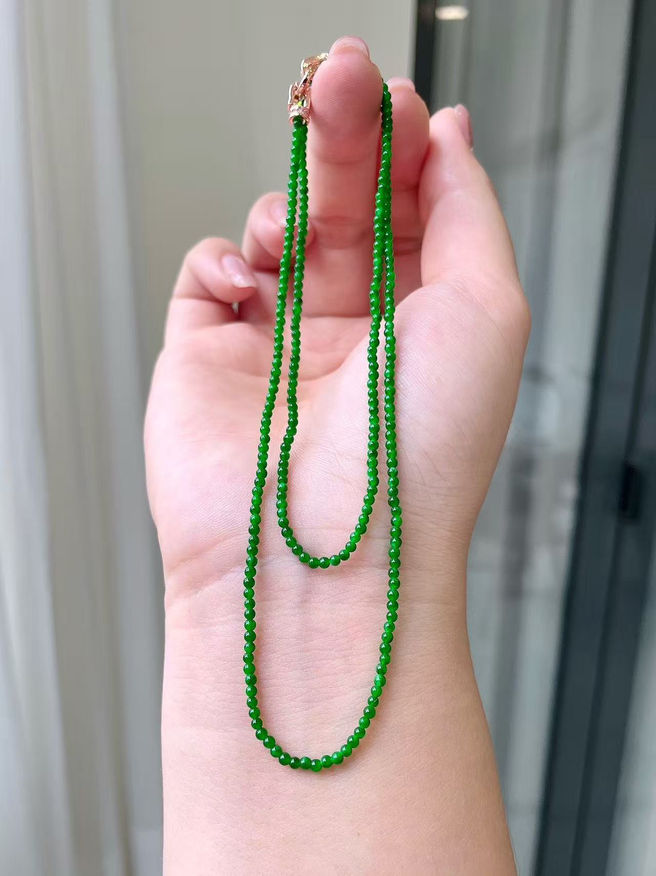 Yuanjiu Jewelry - Natural Jadeite Bead Necklace, Vivid Green Millet Beads with 18K Gold Clasp, Elegantly Graceful