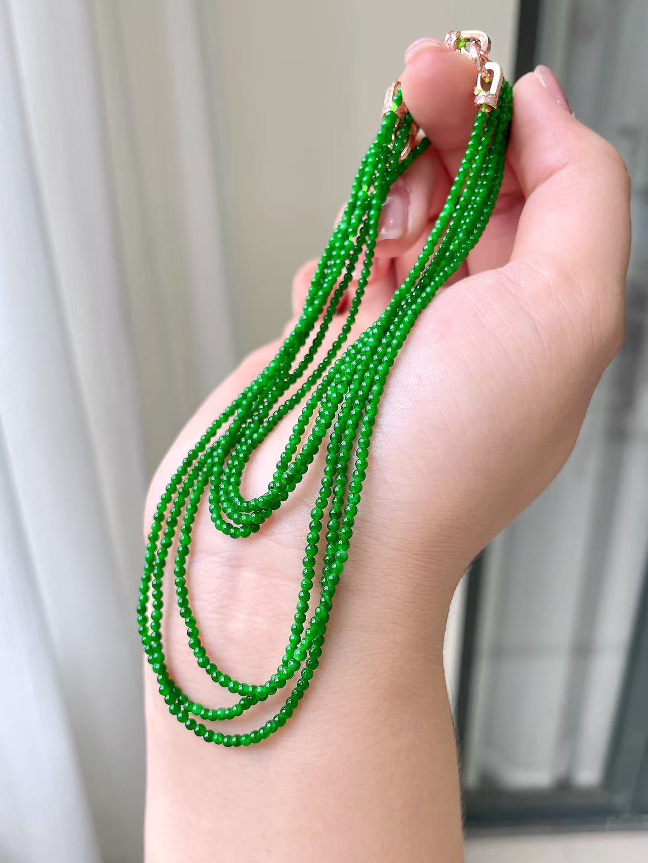 Yuanjiu Jewelry - Natural Jadeite Bead Necklace, Vivid Green Millet Beads with 18K Gold Clasp, Elegantly Graceful