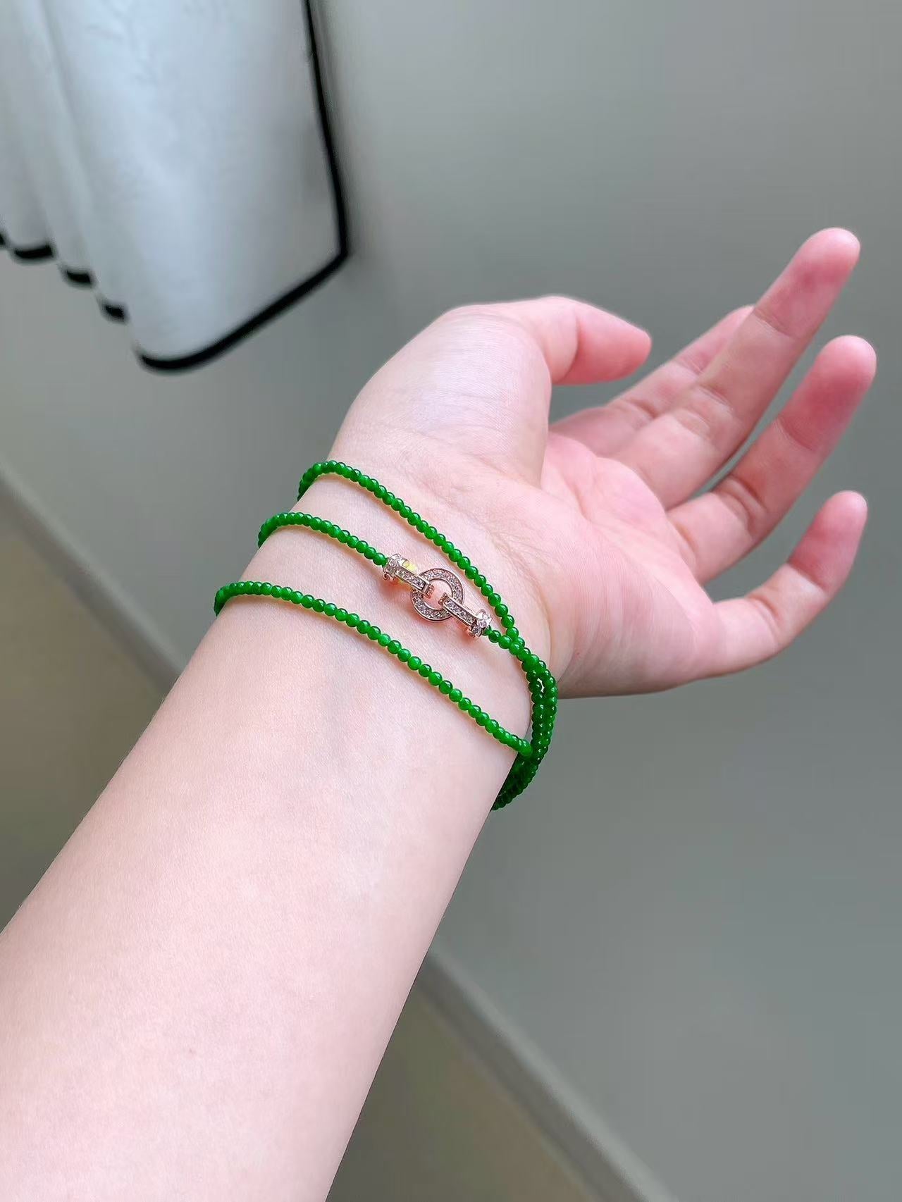 Yuanjiu Jewelry - Natural Jadeite Bead Necklace, Vivid Green Millet Beads with 18K Gold Clasp, Elegantly Graceful