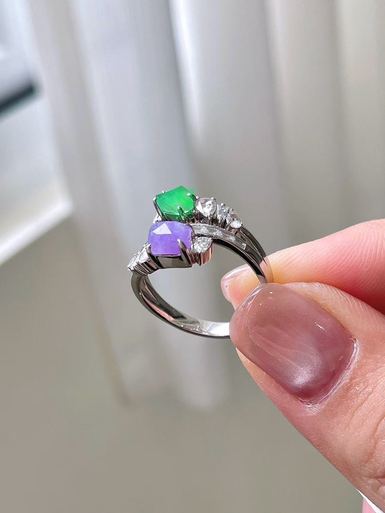 Yuanjiu Jewelry - Natural Jadeite Ring, Designer Two-Tone Freeform Ring, Purple and Green Double-Layer Design, Exquisite and Enchanting