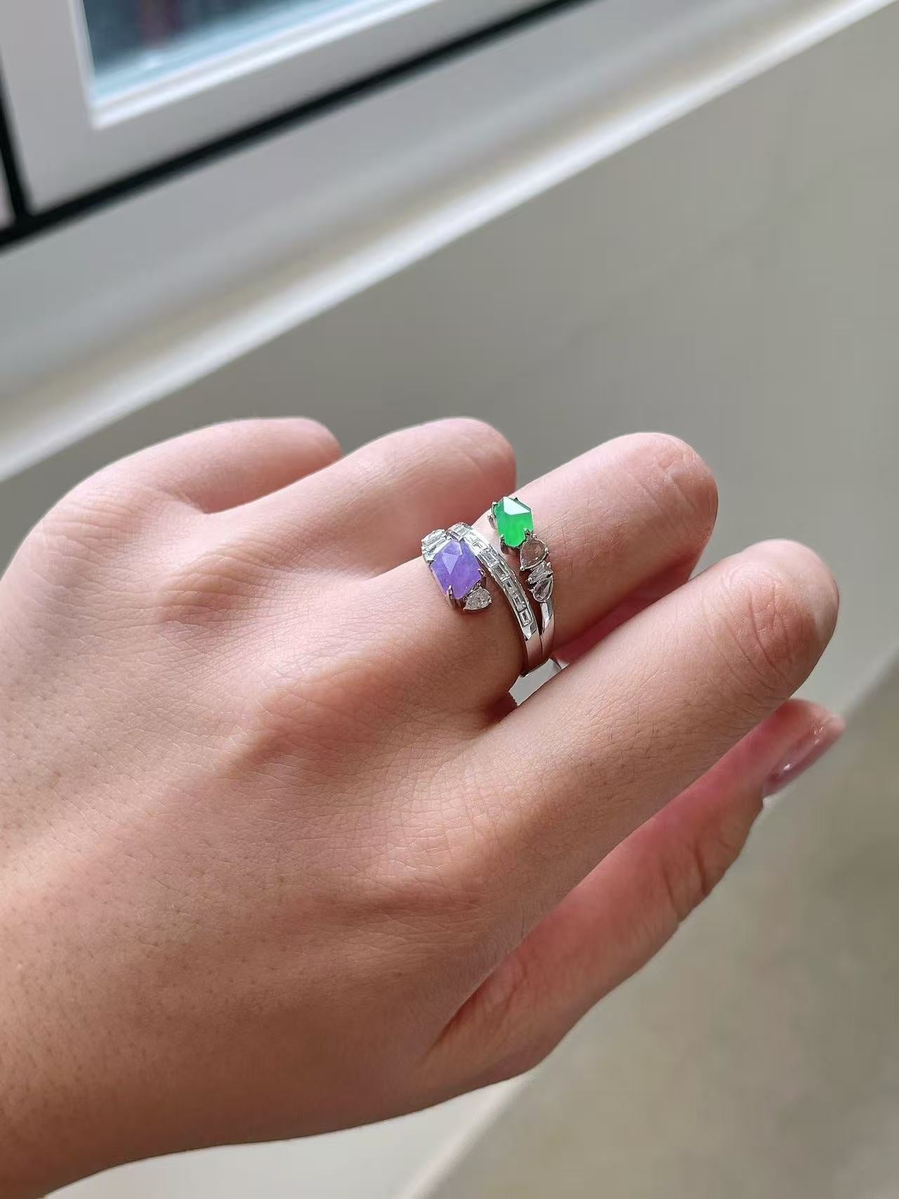 Yuanjiu Jewelry - Natural Jadeite Ring, Designer Two-Tone Freeform Ring, Purple and Green Double-Layer Design, Exquisite and Enchanting
