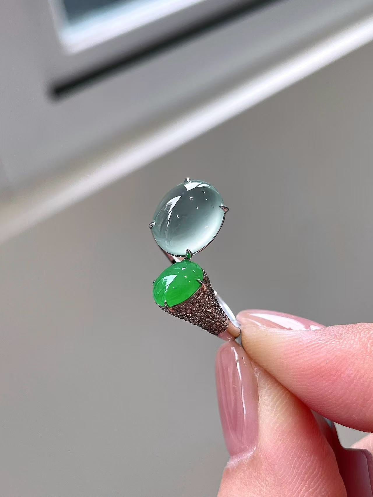 Yuanjiu Jewelry - Natural Jadeite Ring, Icy Bi-Color Cabochon Ring, White and Green Jadeite Design, Exquisite and Elegant