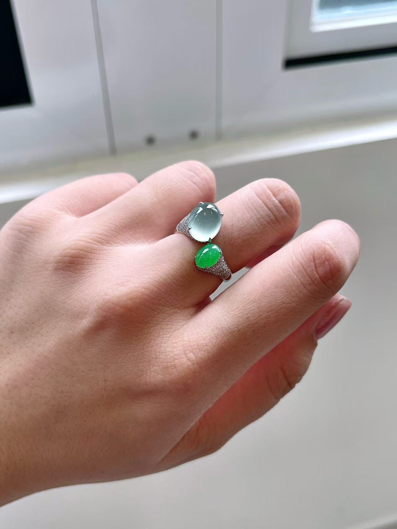 Yuanjiu Jewelry - Natural Jadeite Ring, Icy Bi-Color Cabochon Ring, White and Green Jadeite Design, Exquisite and Elegant
