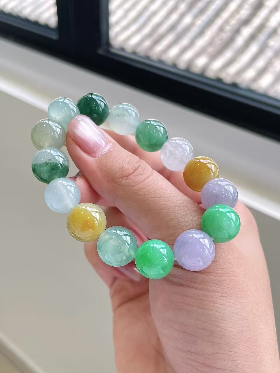 Yuanjiu Jewelry - Natural Icy Multi-Gem Jadeite Bead Bracelet, Classically Elegant