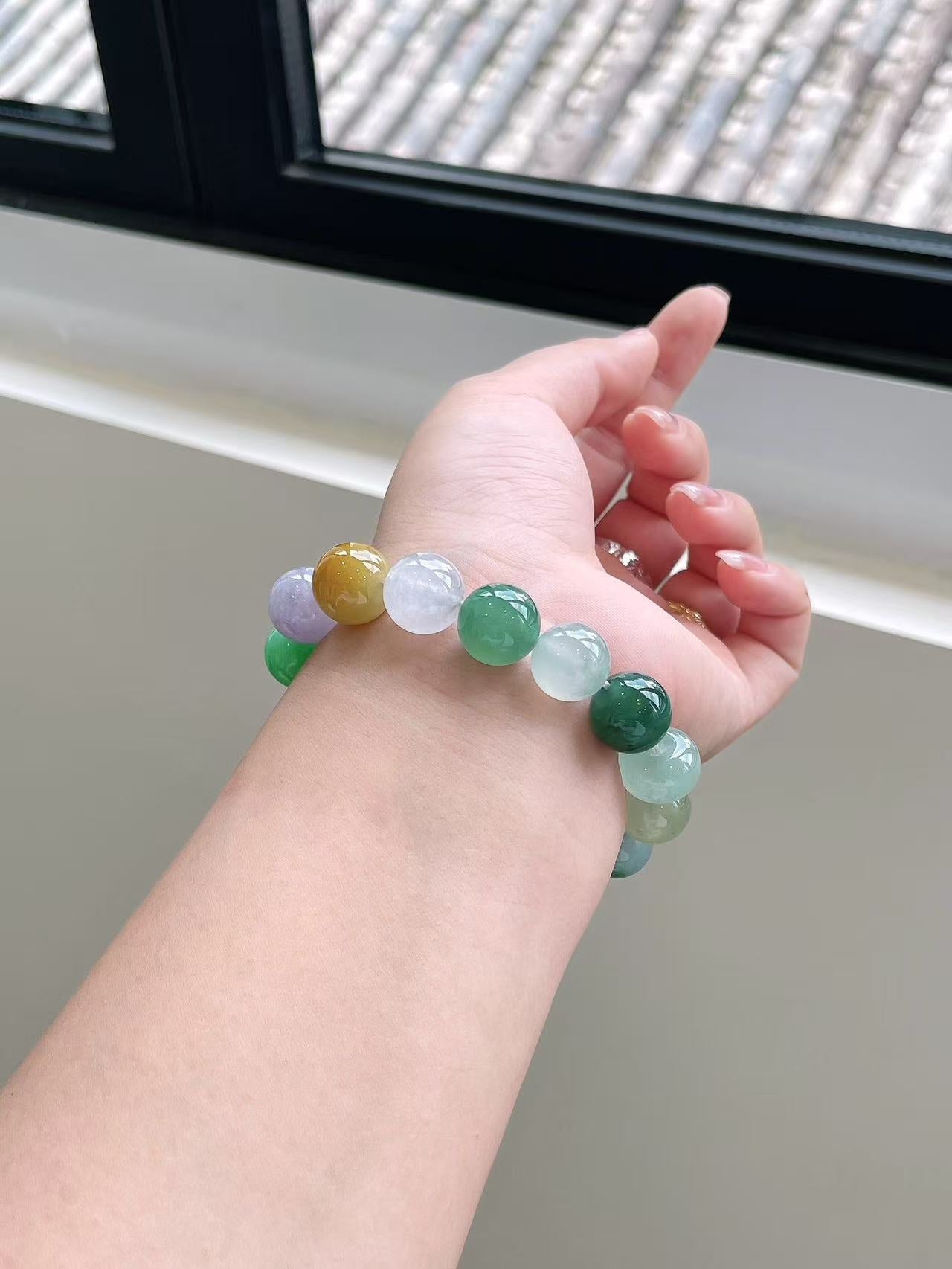 Yuanjiu Jewelry - Natural Icy Multi-Gem Jadeite Bead Bracelet, Classically Elegant