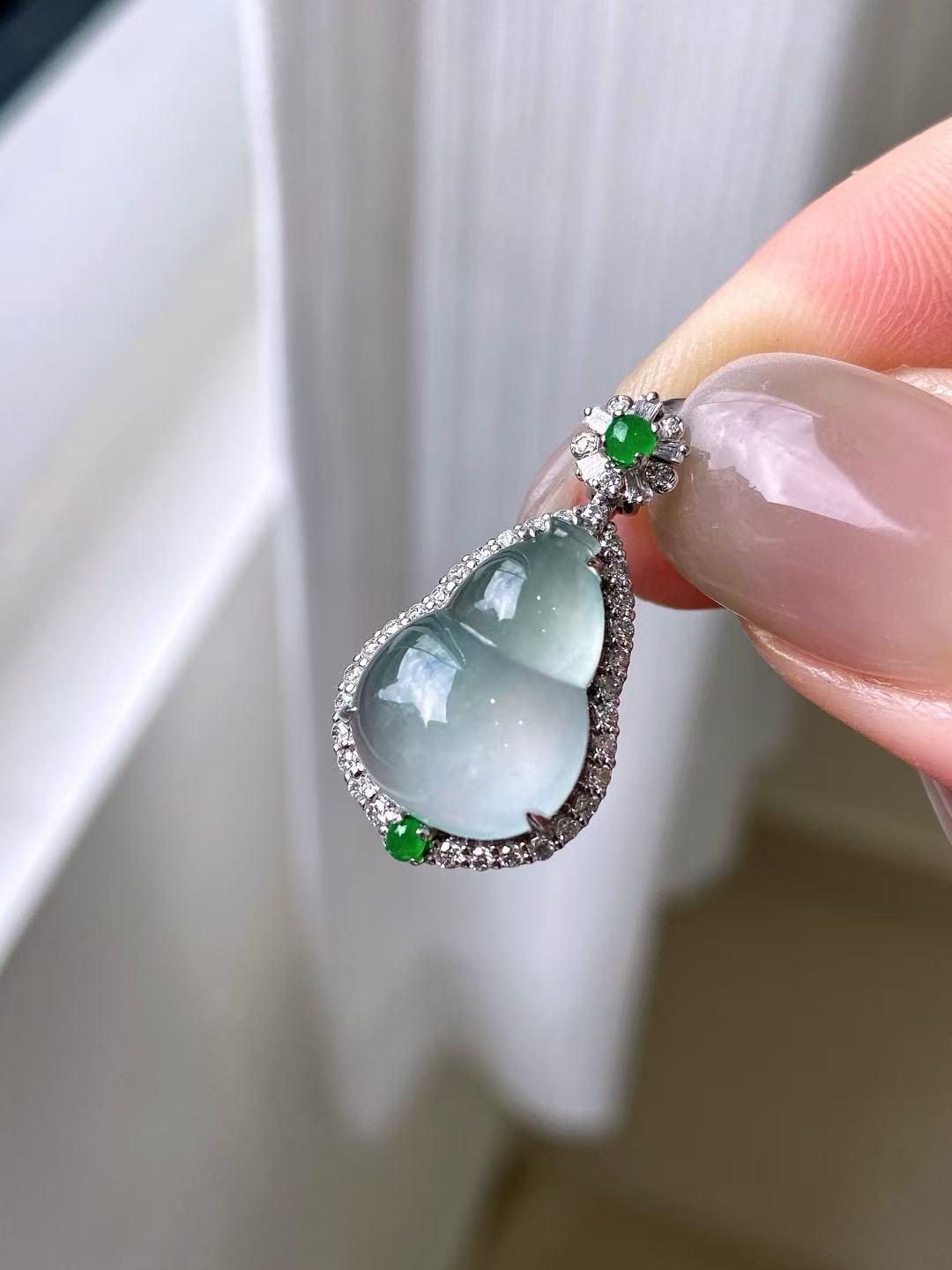 Yuanjiu Jewelry - Natural Icy Aqua Gourd Jade Pendant with 18K Gold Setting and Two Vibrant Green Jade Accents, Classically Elegant