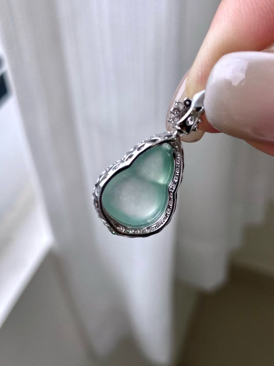 Yuanjiu Jewelry - Natural Icy Aqua Gourd Jade Pendant with 18K Gold Setting and Two Vibrant Green Jade Accents, Classically Elegant