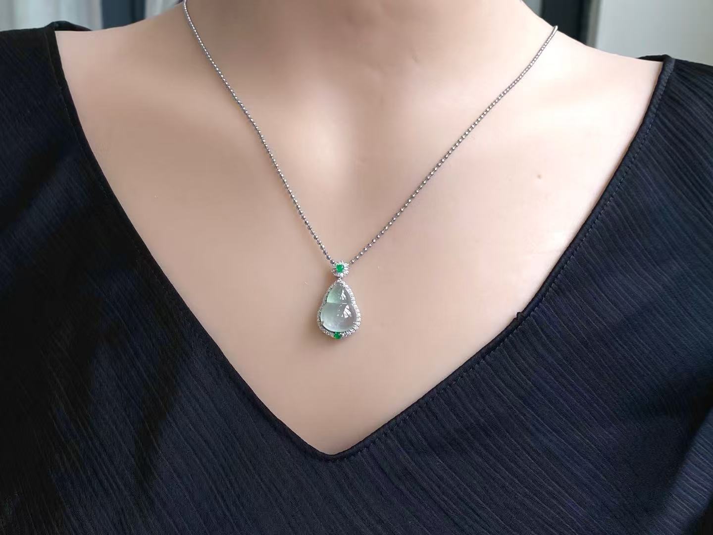 Yuanjiu Jewelry - Natural Icy Aqua Gourd Jade Pendant with 18K Gold Setting and Two Vibrant Green Jade Accents, Classically Elegant