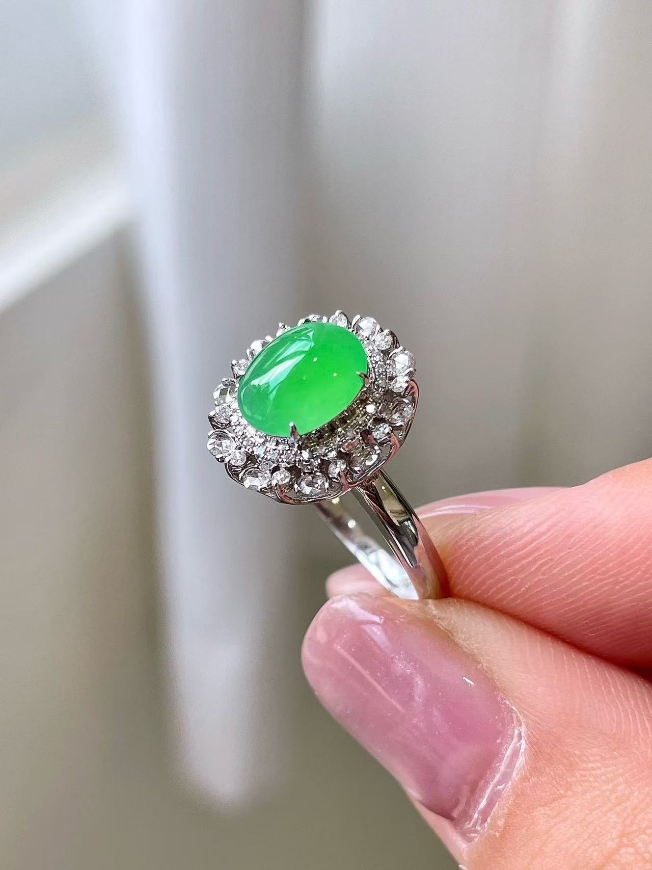 Yuanjiu Jewelry - Natural Icy Intense Green Jade Ring, Gentle and Elegant