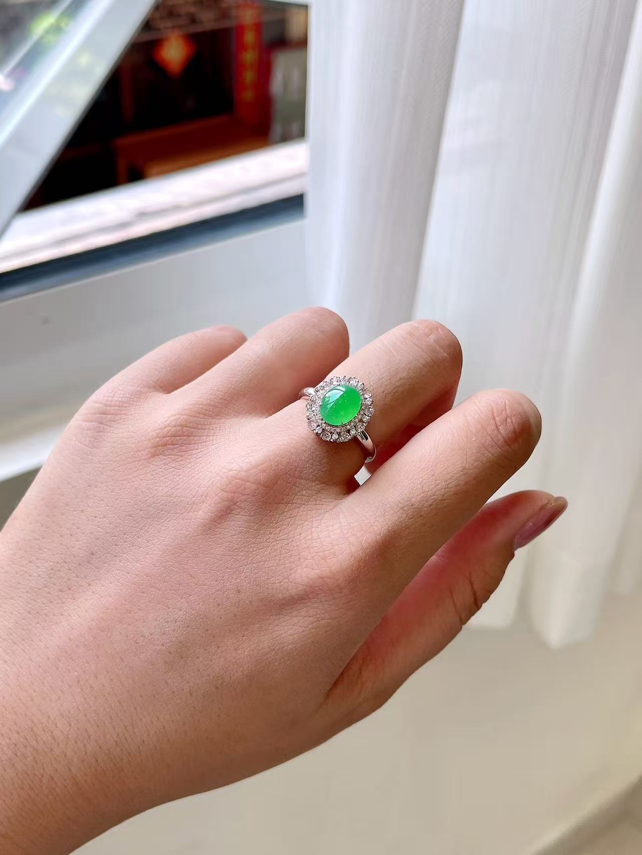 Yuanjiu Jewelry - Natural Icy Intense Green Jade Ring, Gentle and Elegant