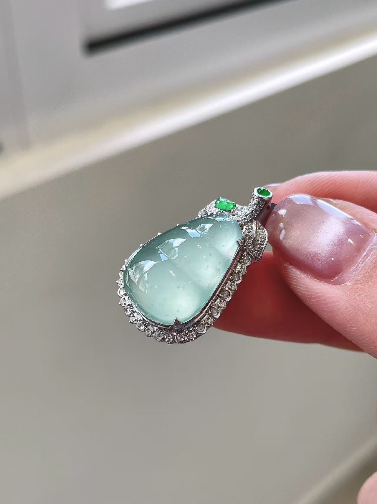 Yuanjiu Jewelry - Icy Aqua Bean Jade Pendant with Dual Vibrant Green Jade Accents, Exquisitely Charming