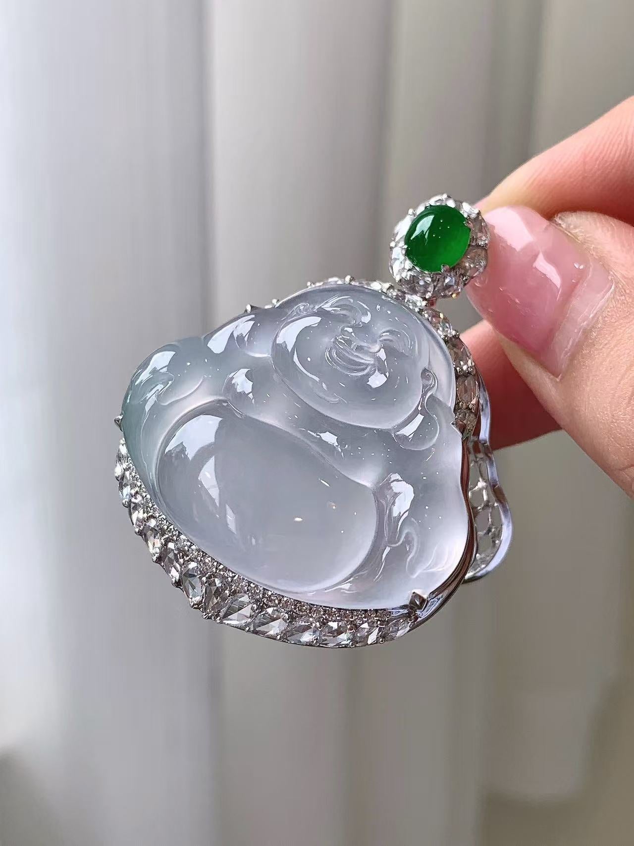 Yuanjiu Jewelry - High Icy Buddha Jade Pendant with 18K Gold Setting and Green Jade, Exquisite and Elegant