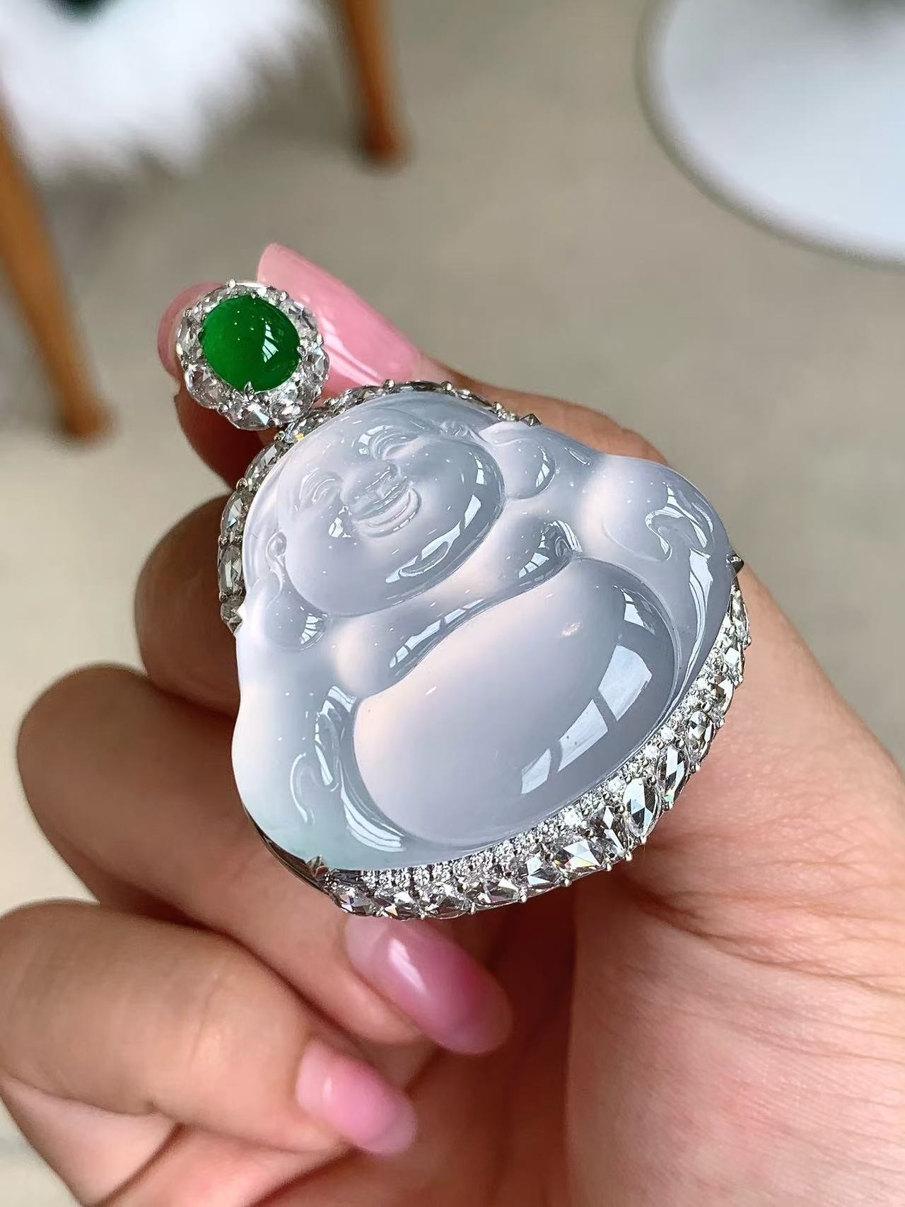 Yuanjiu Jewelry - High Icy Buddha Jade Pendant with 18K Gold Setting and Green Jade, Exquisite and Elegant