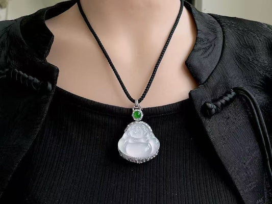 Yuanjiu Jewelry - High Icy Buddha Jade Pendant with 18K Gold Setting and Green Jade, Exquisite and Elegant