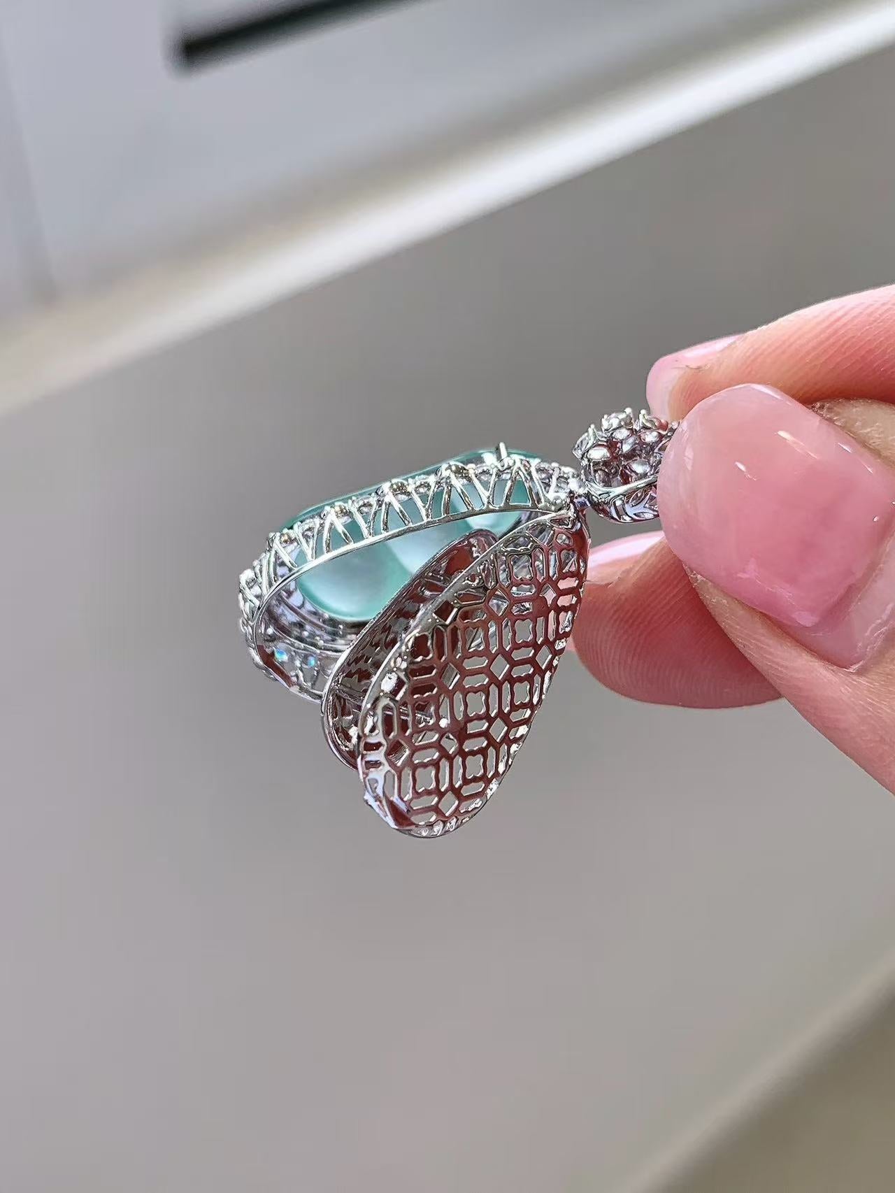 Yuanjiu Jewelry - High Icy Sky Blue Bean Jade Pendant with 18K Gold Setting, Exquisite and Beautiful