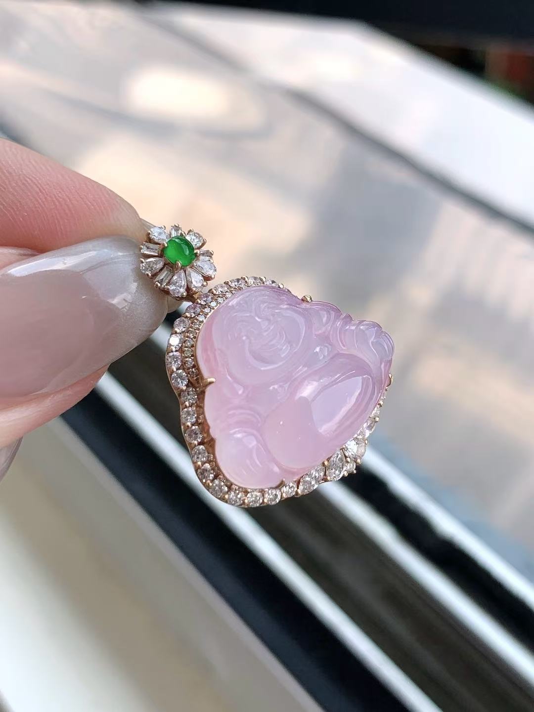Yuanjiu Jewelry - Icy Purple Buddha Jade Pendant with 18K Gold Setting and Vibrant Green Jade, Exquisite and Enchanting