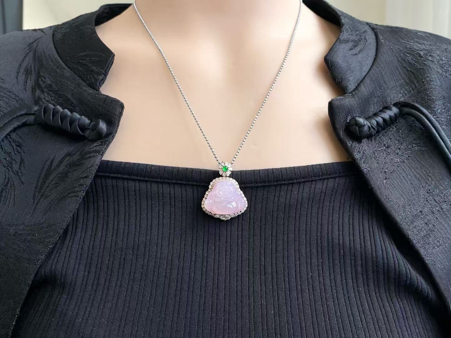 Yuanjiu Jewelry - Icy Purple Buddha Jade Pendant with 18K Gold Setting and Vibrant Green Jade, Exquisite and Enchanting