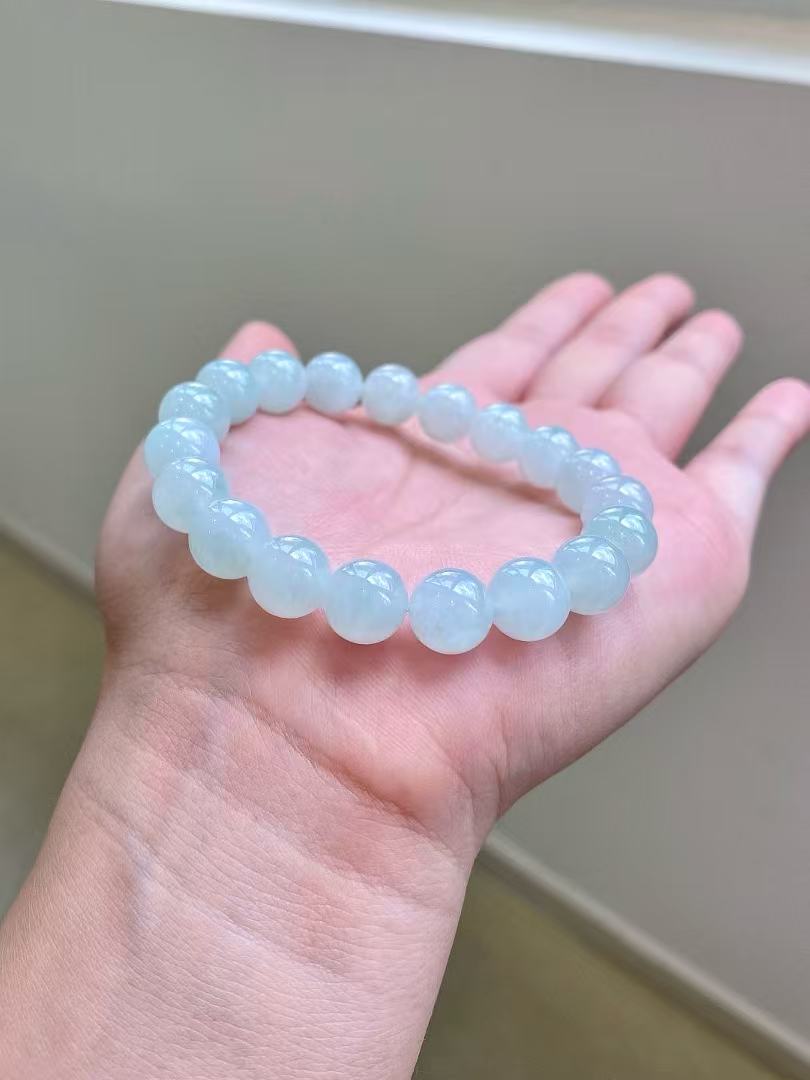 Yuanjiu Jewelry - White Icy Jade Bead Bracelet, Classically Elegant