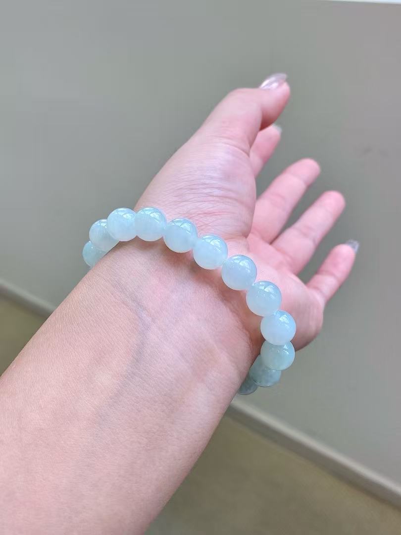 Yuanjiu Jewelry - White Icy Jade Bead Bracelet, Classically Elegant