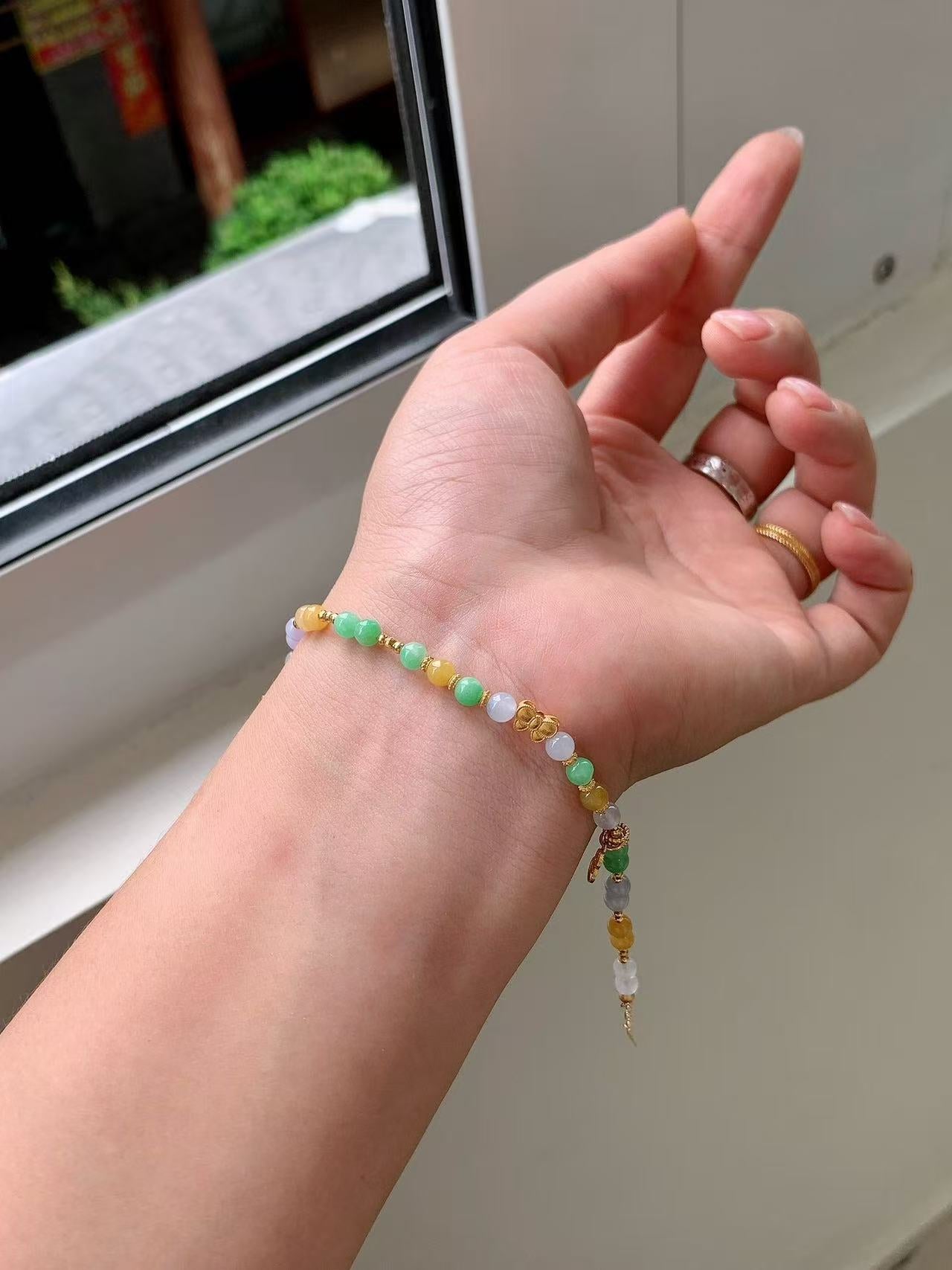 Yuanjiu Jewelry - Multi-Gemstone Jade Bead Bracelet with 18K Gold Chain and Golden Gourd, Exquisitely Noble