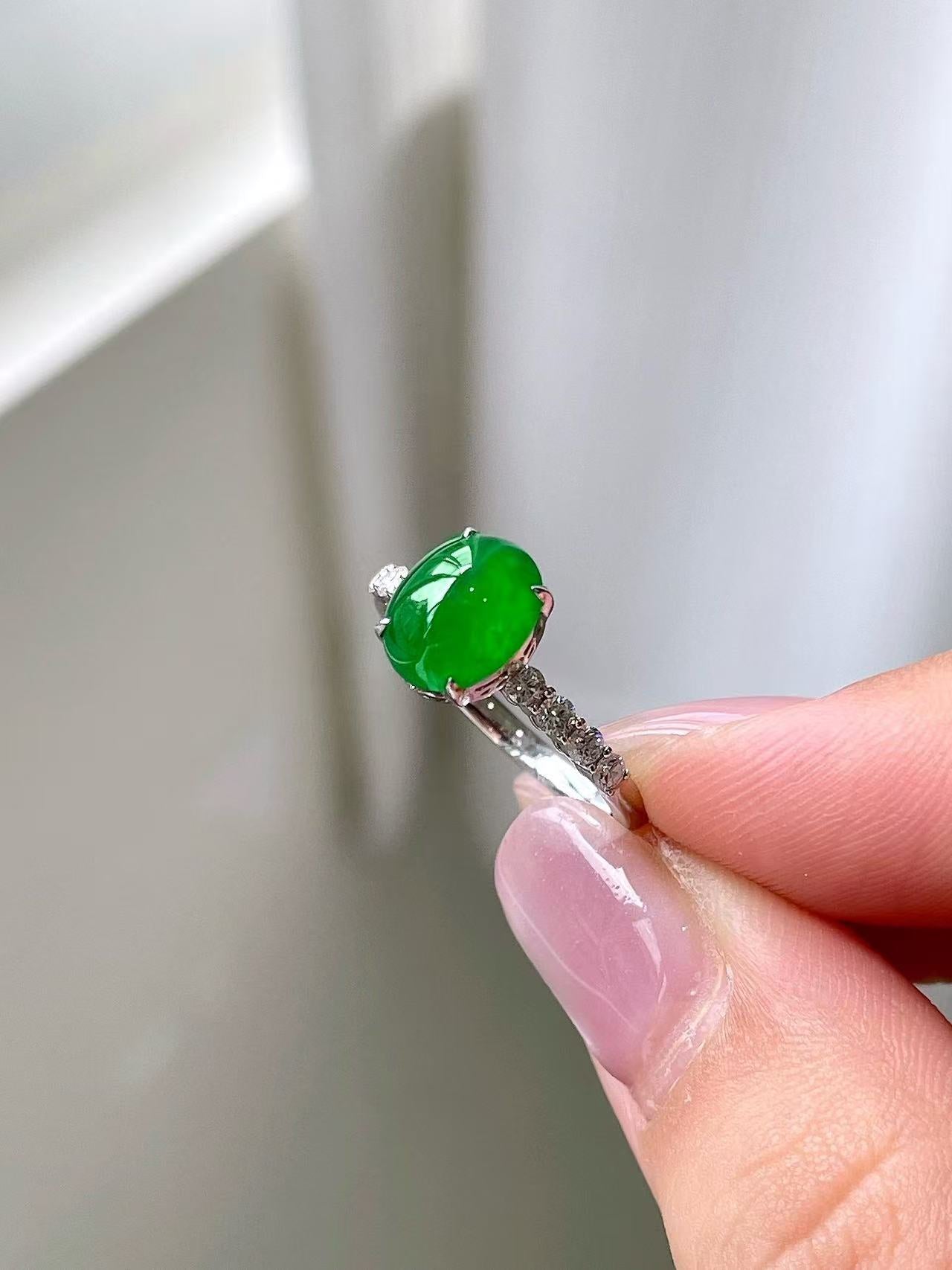 Yuanjiu Jewelry - Icy Intense Green Jade Ring with Classic 18K Gold Simple Setting, Classically Elegant
