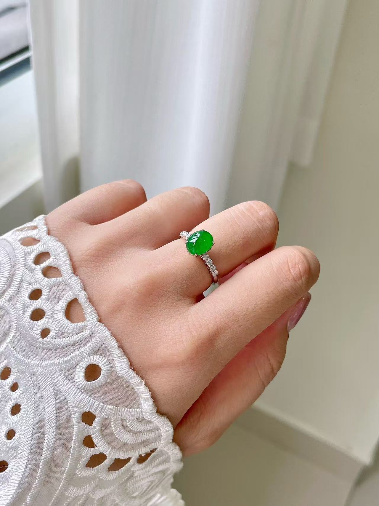 Yuanjiu Jewelry - Icy Intense Green Jade Ring with Classic 18K Gold Simple Setting, Classically Elegant