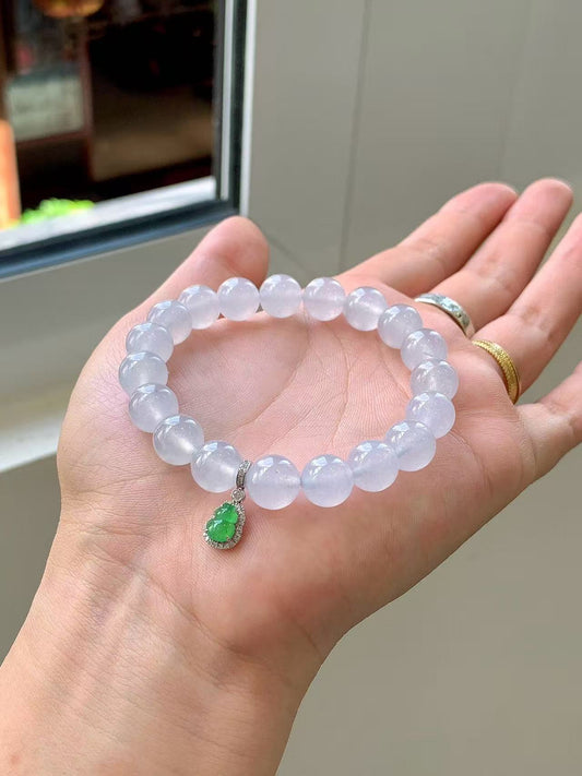 Yuanjiu Jewelry - Natural White Ice Jadeite Bead Bracelet, Adorned with 18K Gold Inlaid Gourd Charm, Minimalist and Exquisite