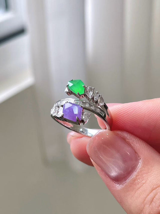 Yuanjiu Jewelry - Natural Jadeite Ring, Designer Two-Tone Freeform Ring, Purple and Green Double-Layer Design, Exquisite and Enchanting