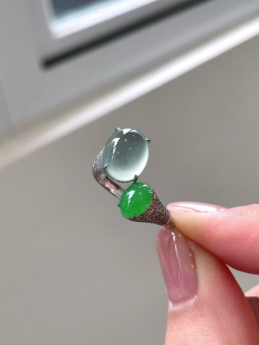 Yuanjiu Jewelry - Natural Jadeite Ring, Icy Bi-Color Cabochon Ring, White and Green Jadeite Design, Exquisite and Elegant