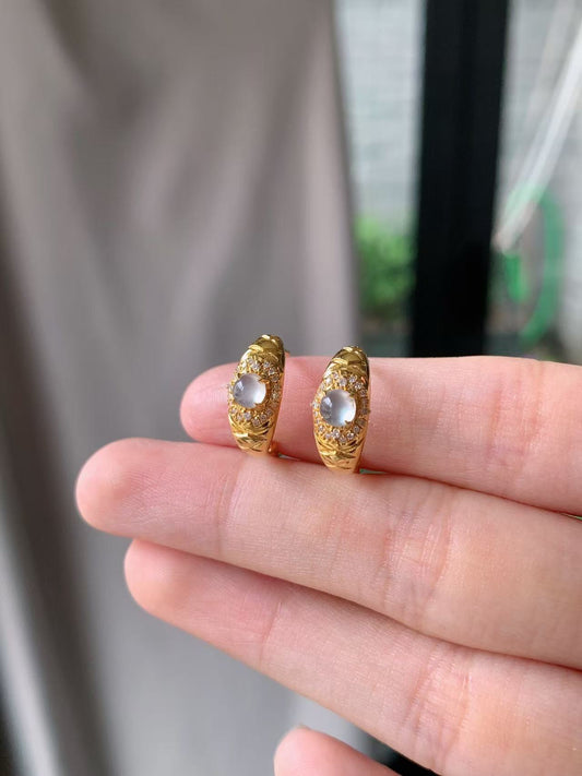Yuanjiu Jewelry – Natural Jadeite Earrings, Icy Glass Cabochon Earrings, White Ice Jadeite Set in 18K Gold, Elegant and Exquisite