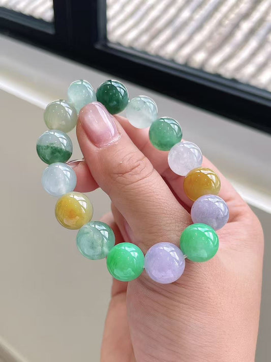 Yuanjiu Jewelry - Natural Icy Multi-Gem Jadeite Bead Bracelet, Classically Elegant
