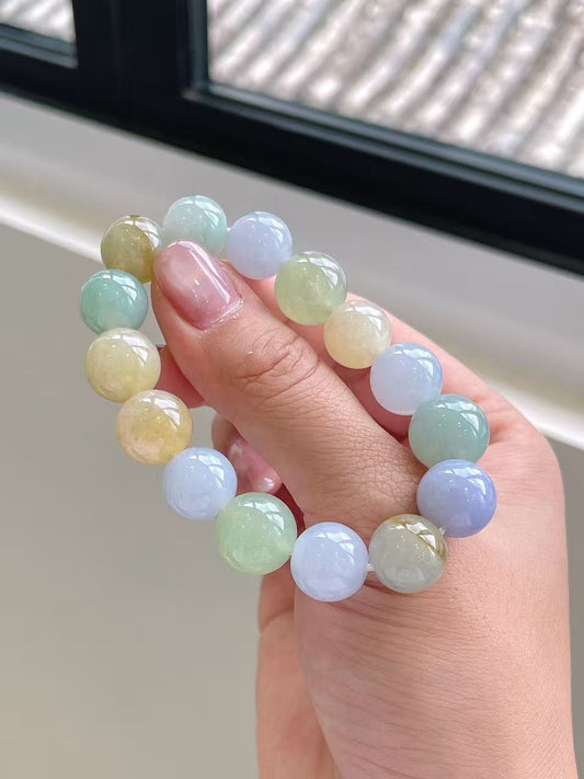 Yuanjiu Jewelry - Natural Multi-Gem Jadeite Bead Bracelet, Elegantly Curated Color Collection