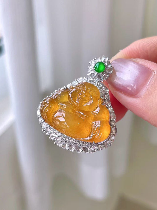 Yuanjiu Jewelry – Natural Icy Yellow Jadeite Buddha Pendant, 18K Gold Inlaid with Vibrant Green Jadeite, Exquisite and Elegant