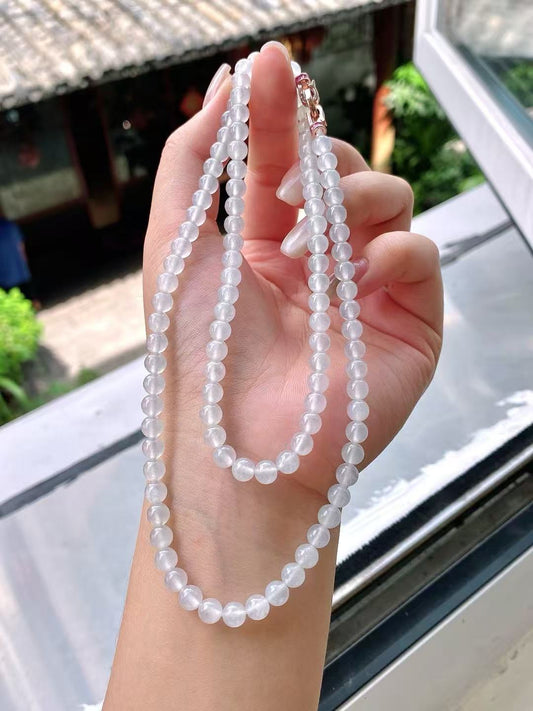 Yuanjiu Jewelry – Natural White Ice Jadeite Bead Necklace, 18K Gold Clasp, Gently Elegant