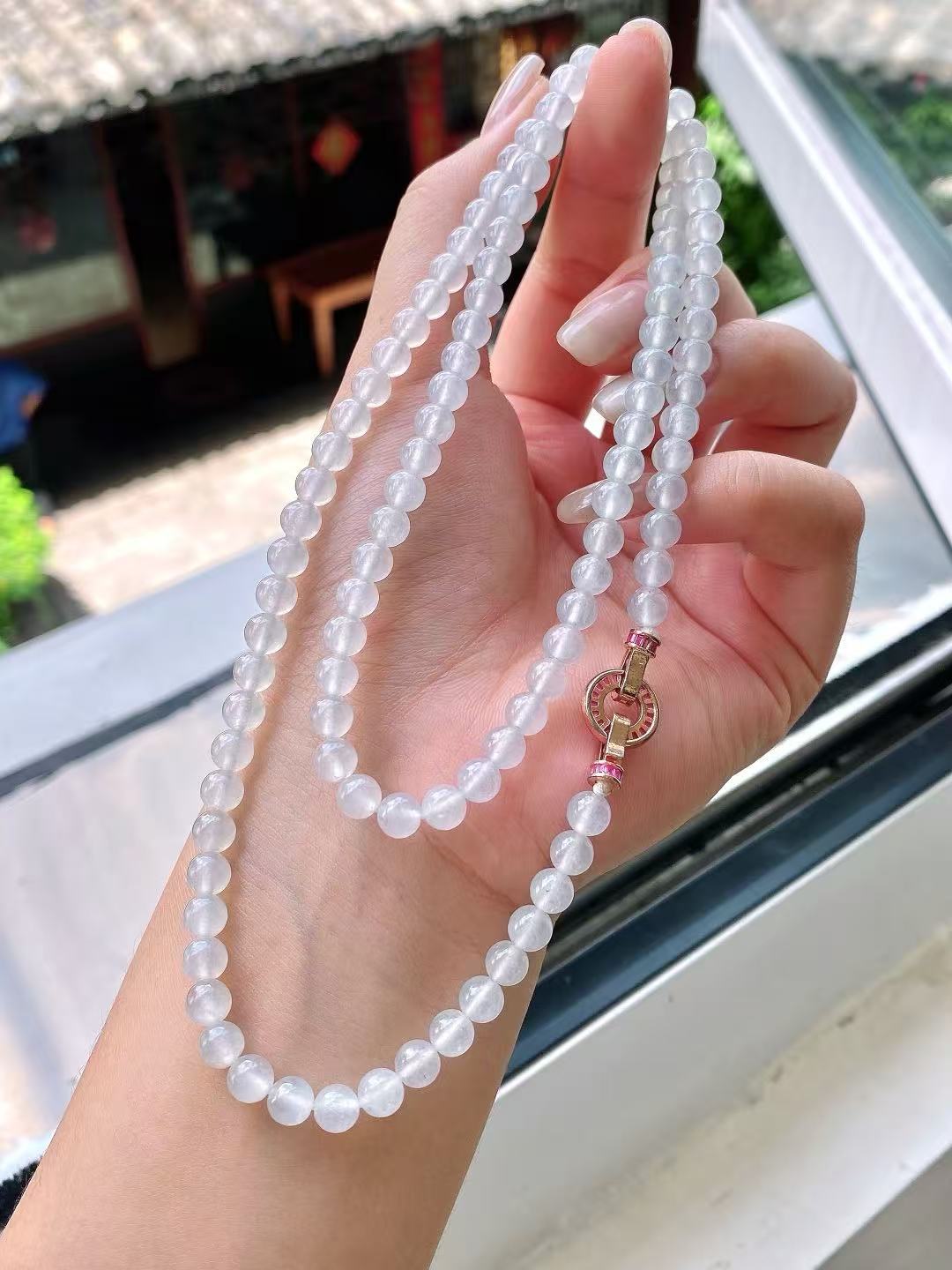 Yuanjiu Jewelry – Natural White Ice Jadeite Bead Necklace, 18K Gold Clasp, Gently Elegant