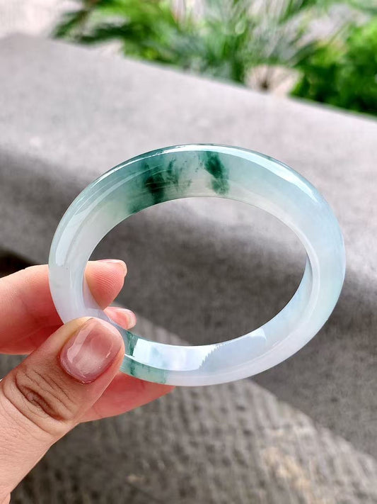 Yuanjiu Jewelry - Natural Icy Floating Flower Jade Bangle, Elegant and Graceful
