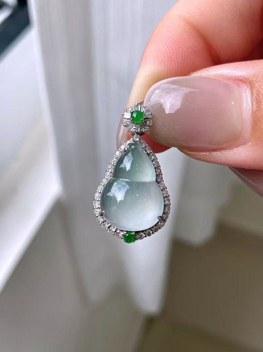 Yuanjiu Jewelry - Natural Icy Aqua Gourd Jade Pendant with 18K Gold Setting and Two Vibrant Green Jade Accents, Classically Elegant