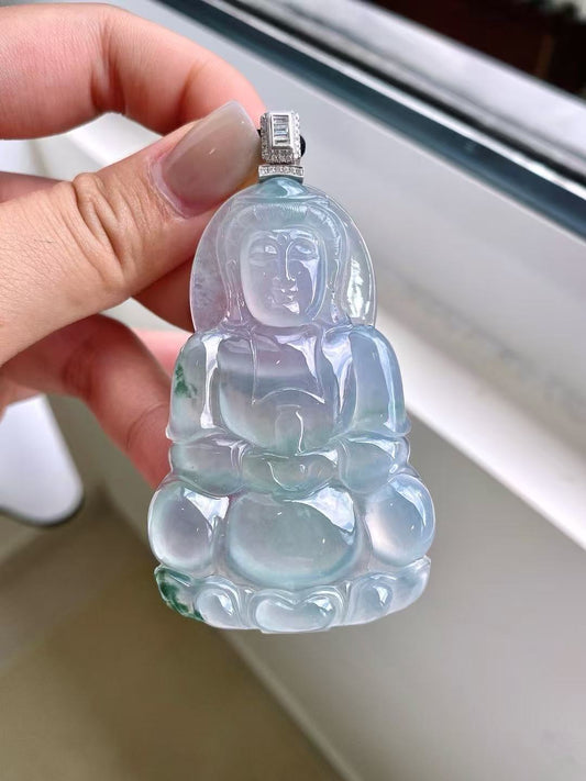 Yuanjiu Jewelry - Natural Icy Green Guanyin Jade Pendant, 18K Gold Clasp, Classical Elegance