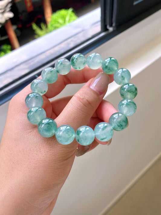 Yuanjiu Jewelry - Natural Icy Green Floating Flower Jade Bead Bracelet, Elegant and Graceful