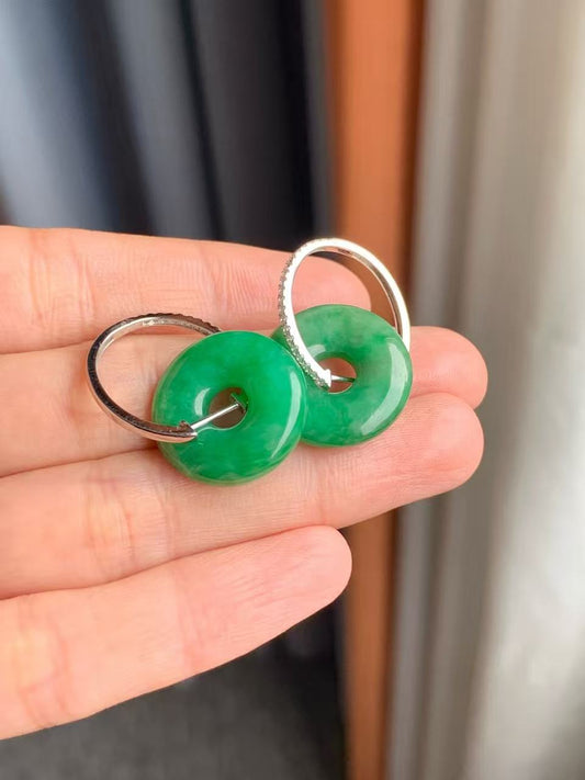 Yuanjiu Jewelry - Natural Vibrant Green Ping An Kou Jade Earrings, Elegant and Charming