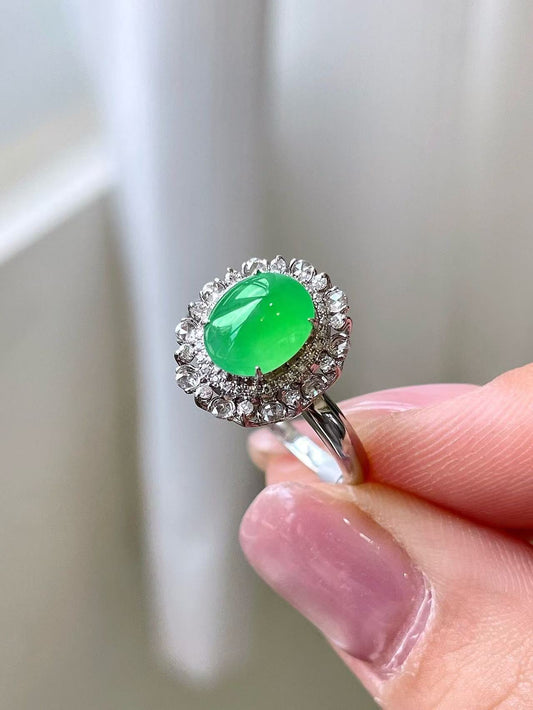 Yuanjiu Jewelry - Natural Icy Intense Green Jade Ring, Gentle and Elegant