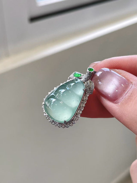 Yuanjiu Jewelry - Icy Aqua Bean Jade Pendant with Dual Vibrant Green Jade Accents, Exquisitely Charming