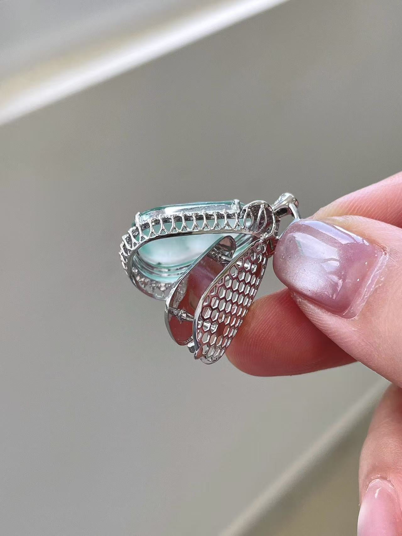 Yuanjiu Jewelry - Icy Aqua Bean Jade Pendant with Dual Vibrant Green Jade Accents, Exquisitely Charming