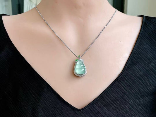 Yuanjiu Jewelry - Icy Aqua Bean Jade Pendant with Dual Vibrant Green Jade Accents, Exquisitely Charming