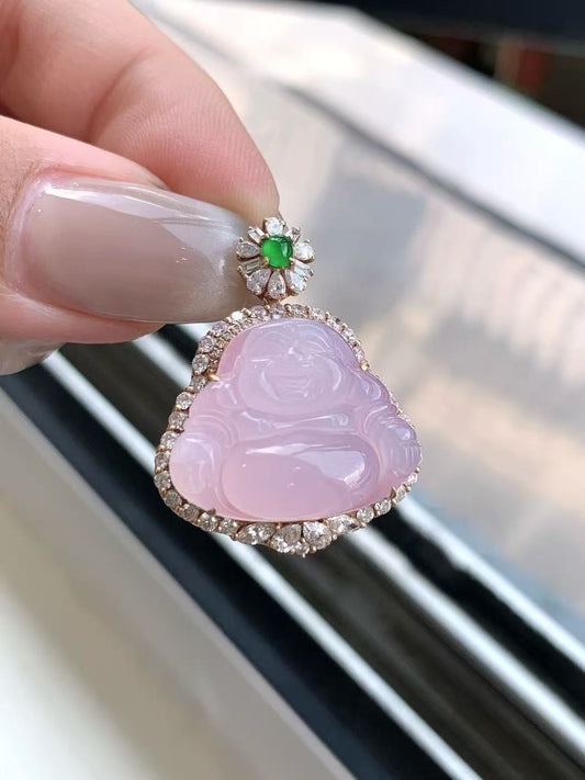 Yuanjiu Jewelry - Icy Purple Buddha Jade Pendant with 18K Gold Setting and Vibrant Green Jade, Exquisite and Enchanting