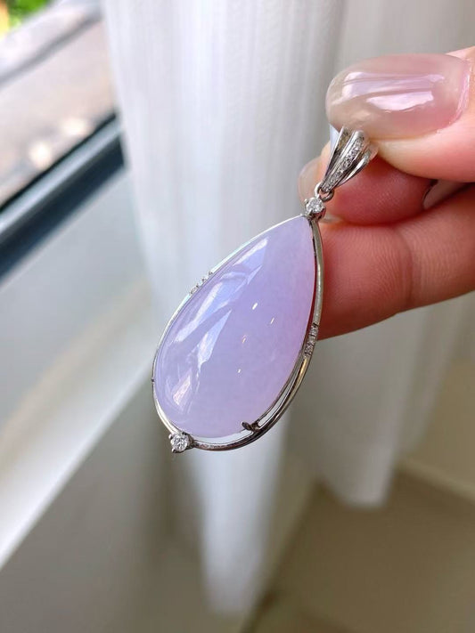 Yuanjiu Jewelry - Icy Purple Teardrop Jade Pendant with 18K Gold Setting, Elegant and Enchanting
