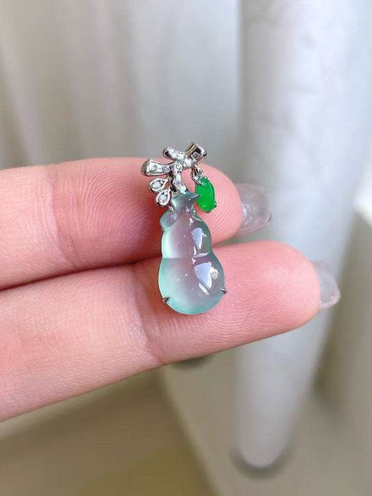 Yuanjiu Jewelry - Icy Aqua Gourd Jade Pendant with 18K Gold Setting and Vibrant Green Jade, Exquisite and Enchanting