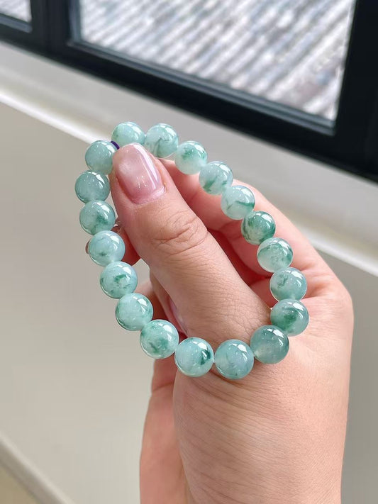 Yuanjiu Jewelry - Icy Floating Flower Jade Bead Bracelet, Classically Elegant
